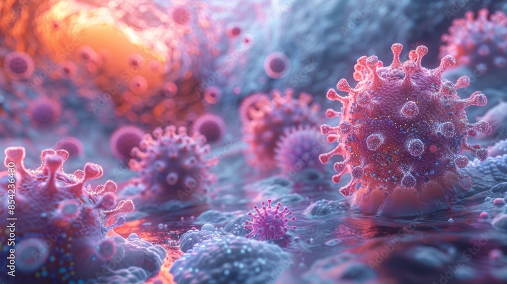 Naklejka premium An immersive 360-degree panorama of cytokines and chemokines, showcasing the signaling molecules involved in immune cell communication and