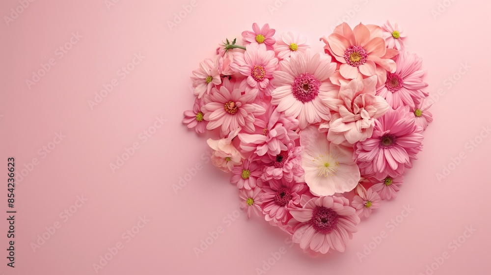 Heart Shaped Arrangement of Pink Flowers on Pastel Background for Romantic Concepts Heart Shaped Arrangement of Pink Flowers on Pastel Background for Romantic Concepts