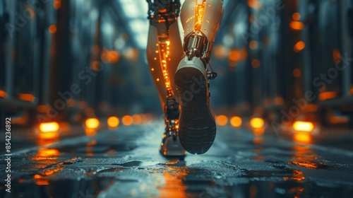 Close-up of a sci-fi inspired prosthetic leg with glowing orange elements, set in an industrial environment photo