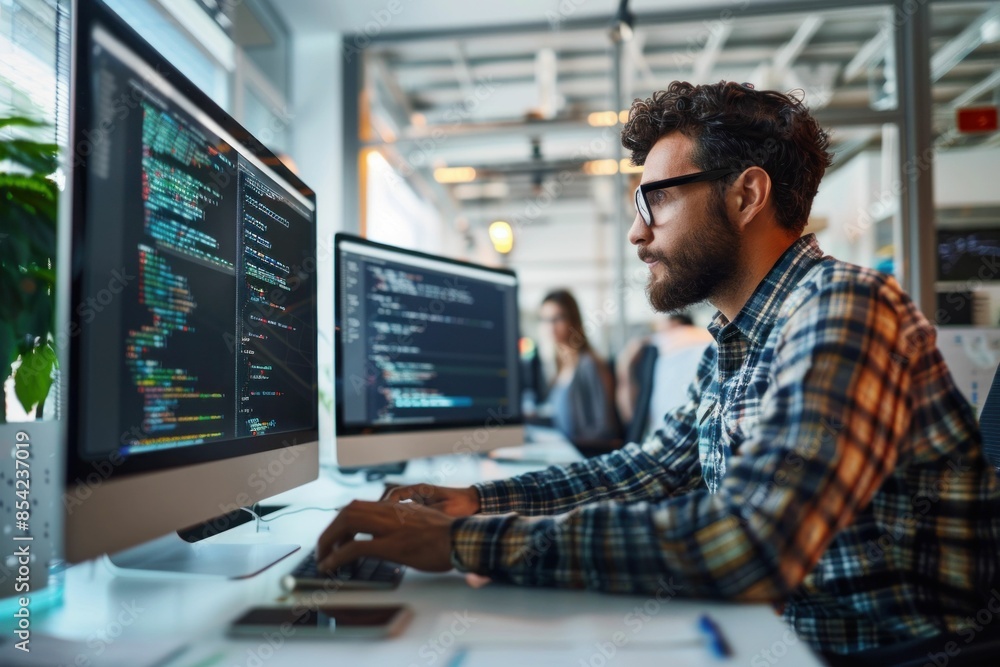 A man working at a desk with two computer screens analyzing business data and statistics in modern office setting A man working at a desk with two computer screens analyzing business data and statistics in modern office setting