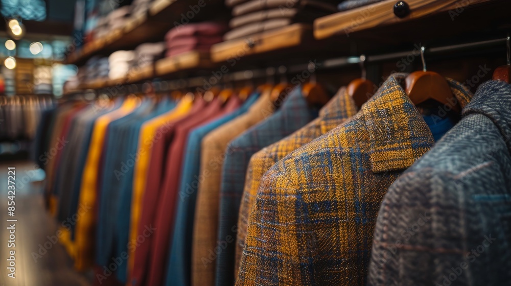 High-quality men's jackets are on display in a fashion boutique, highlighting the textures and patterns of the fabric High-quality men's jackets are on display in a fashion boutique, highlighting the textures and patterns of the fabric