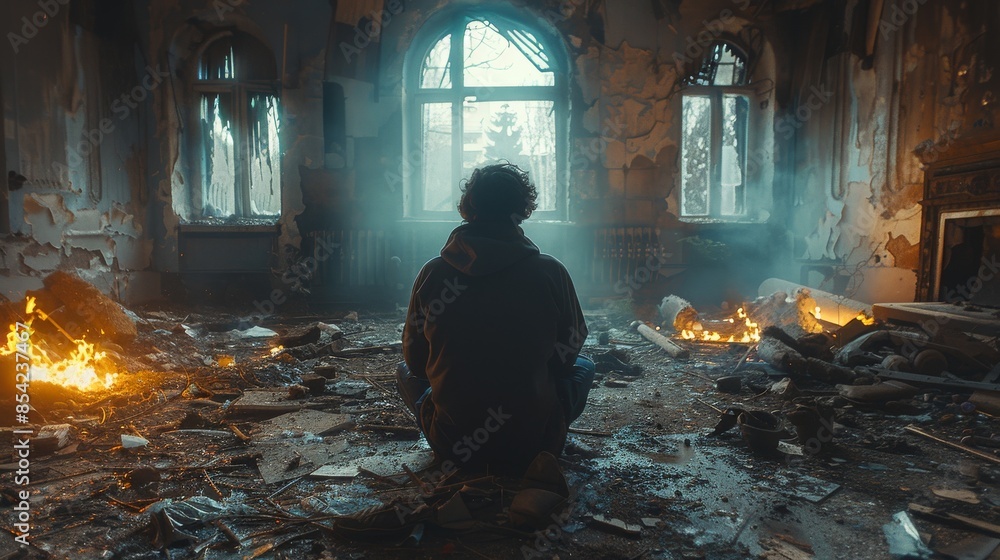 A lone figure is seated in the middle of a derelict room with flickering firelight and debris A lone figure is seated in the middle of a derelict room with flickering firelight and debris