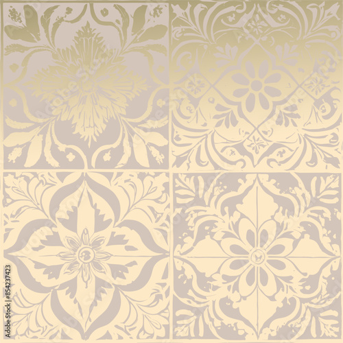 Wallpaper Mural Gold foil tile with arabesque beige print  Torontodigital.ca