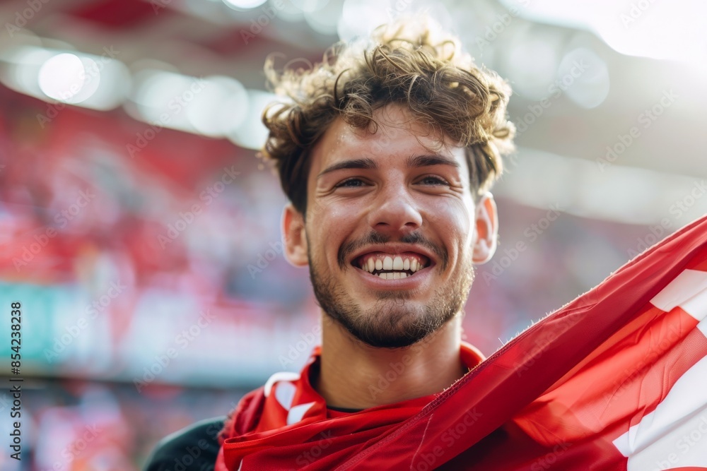 Young sports fan is cheering with swiss flag in a crowded stadium Young sports fan is cheering with swiss flag in a crowded stadium