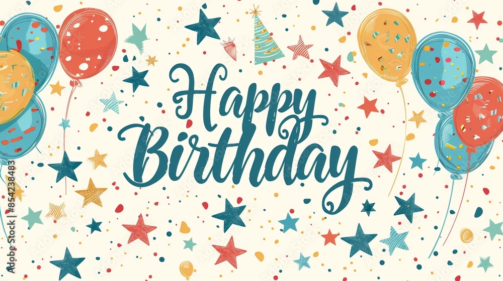 Card words Happy Birthday in blue script on white background with multicolored balloons and stars Card words Happy Birthday in blue script on white background with multicolored balloons and stars