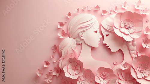 World maternal mental health day. Happy Mother's day. Floral decorations in paper art style. Paper craft card of young women with flowers in hair. Generative ai