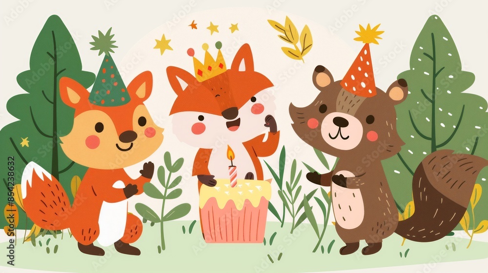 Naklejka premium Forest Animal Birthday Party With Cupcake and Candles