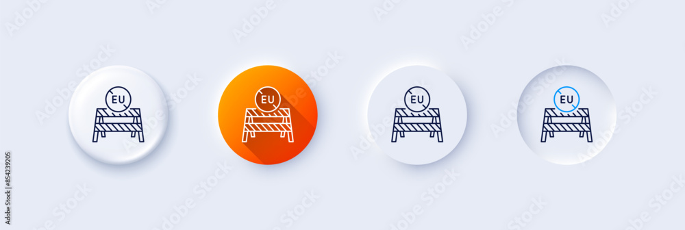 EU close borders line icon. Neumorphic, Orange gradient, 3d pin buttons. Coronavirus Covid-19 pandemic sign. Travel restrictions symbol. Line icons. Neumorphic buttons with outline signs. Vector EU close borders line icon. Neumorphic, Orange gradient, 3d pin buttons. Coronavirus Covid-19 pandemic sign. Travel restrictions symbol. Line icons. Neumorphic buttons with outline signs. Vector