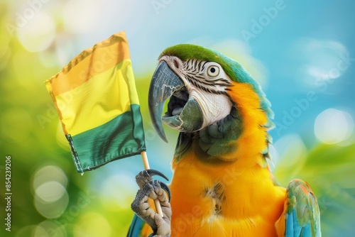 Blue and yellow macaw parrot holding a bolivian flag