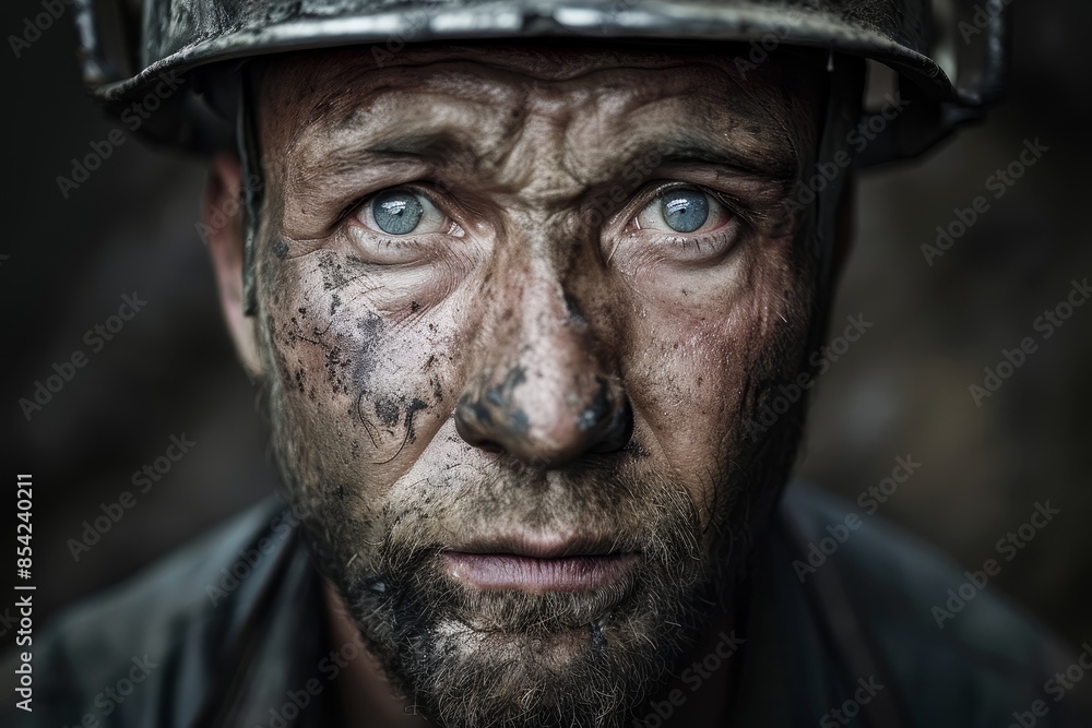 Resilient Gaze: Close-Up Portrait of a Miner with Weathered Features and Determined Eyes Resilient Gaze: Close-Up Portrait of a Miner with Weathered Features and Determined Eyes