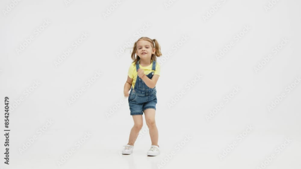 Fashionable, stylish little girl dancing, having fun and posing on a white studio background. Fashion, children's clothing and entertainment concept. Fashionable, stylish little girl dancing, having fun and posing on a white studio background. Fashion, children's clothing and entertainment concept.
