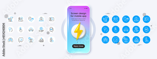 Swipe up, Safe planet and Air conditioning line icons. Phone mockup with 3d energy icon. Pack of Lungs, Identification card, Business targeting icon. Blood, Telemedicine, Idea pictogram. Vector