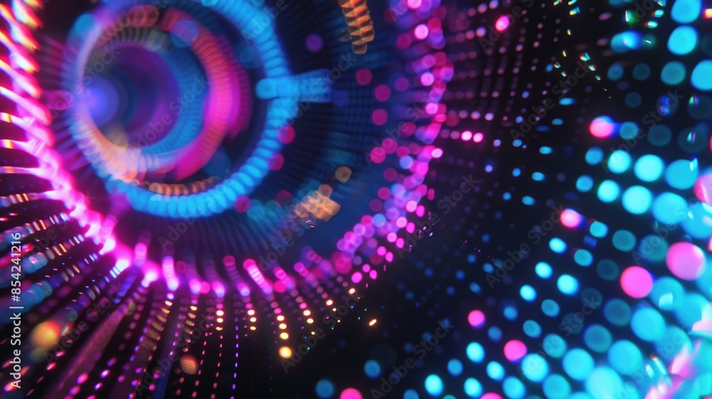 Neon digital circles with a glitch effect on a black background, perfect as a PC background or screensaver. Neon digital circles with a glitch effect on a black background, perfect as a PC background or screensaver.