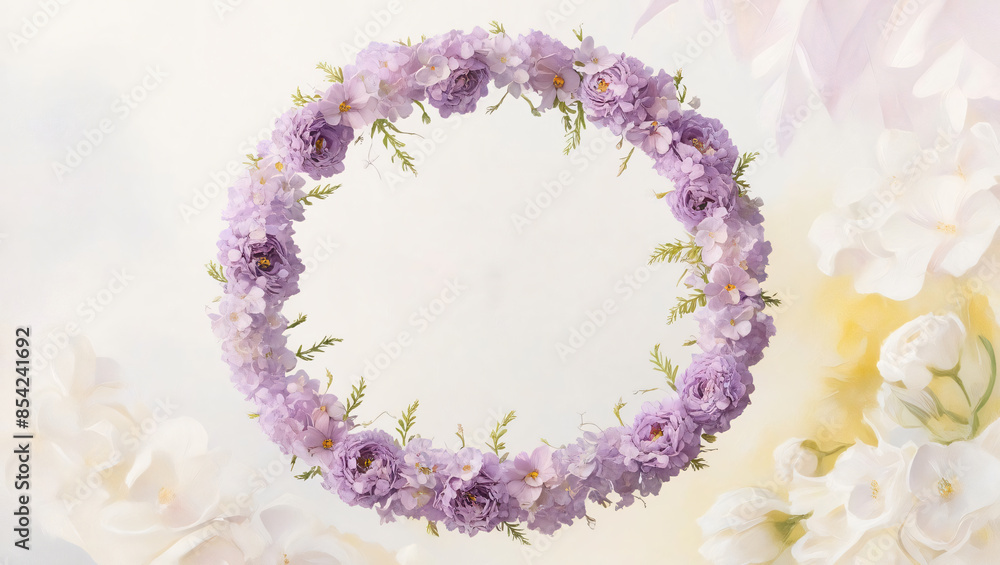 circle wreath of flowers light lilac tones white background space without text. circle wreath of flowers light lilac tones white background space without text.