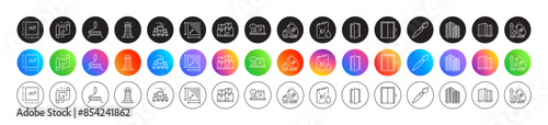 Online documentation, Boxes pallet and Diesel canister line icons. Round icon gradient buttons. Pack of Wholesale inventory, Lift, Skyscraper buildings icon. Vector