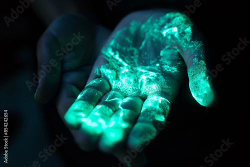 Close-up image of a hand with green luminous powder, highlighting textures and details