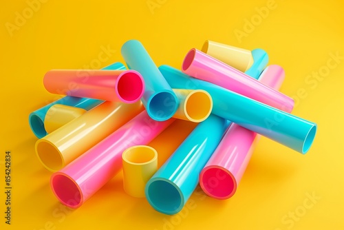 Multicolored tubes piled on yellow background