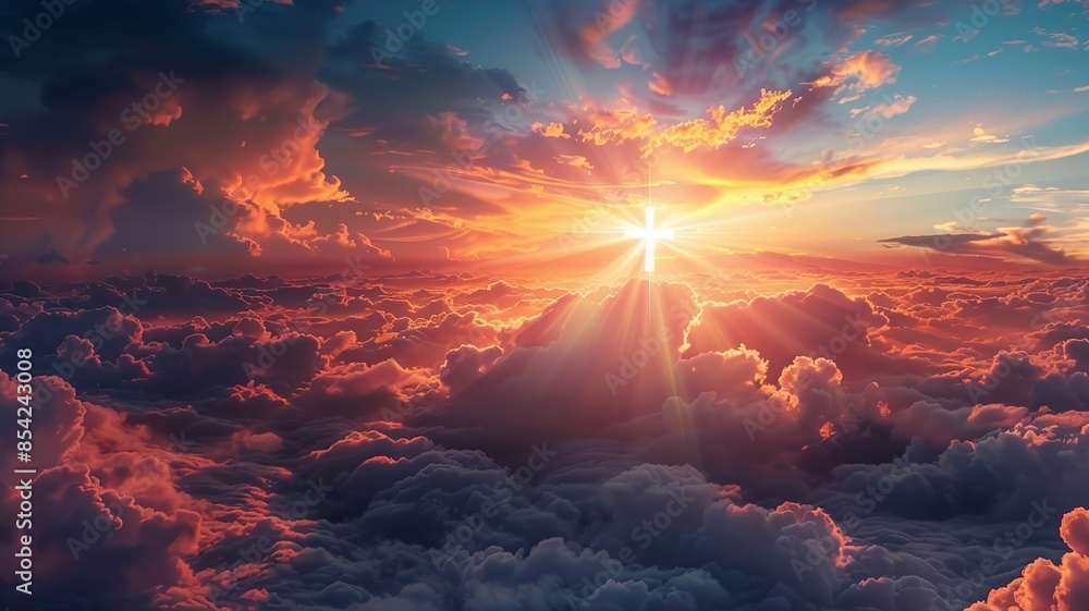 Cross illuminated above the clouds like the sun. Ideal for themes of faith, spirituality, and divine light. Cross illuminated above the clouds like the sun. Ideal for themes of faith, spirituality, and divine light.