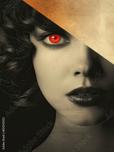 Surreal Portrait of Woman with Red Eye and Divided Face