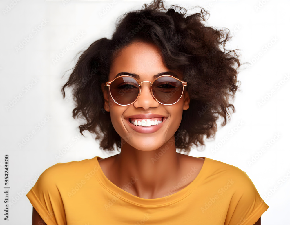 Young attractive african american woman with sunglasses wearing yellow sweater on white background Young attractive african american woman with sunglasses wearing yellow sweater on white background