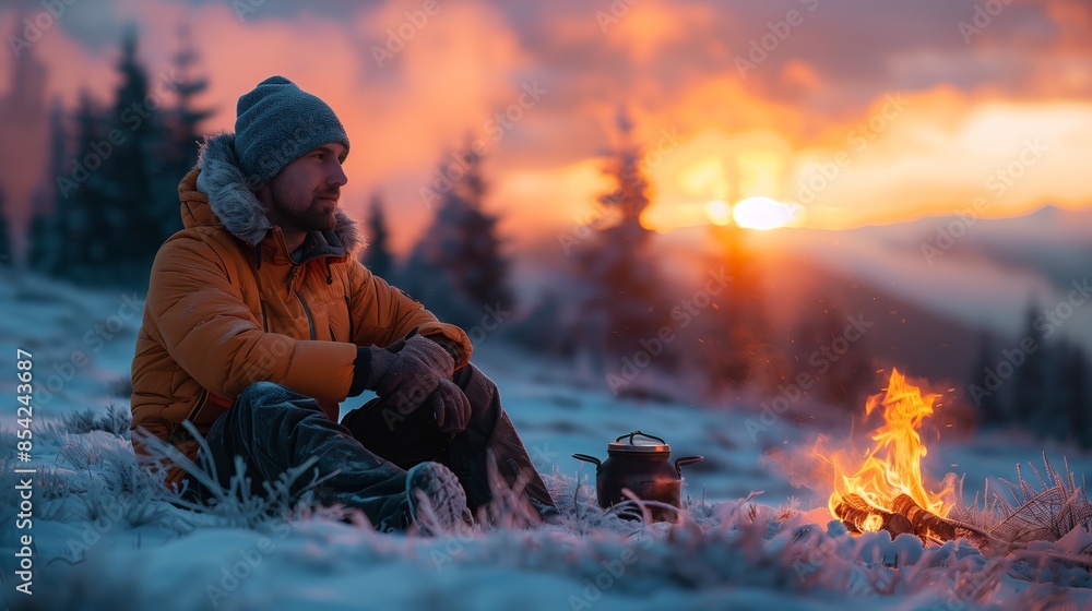 An adventurous traveler prepares coffee over a small campfire amidst a snowy landscape. An adventurous traveler prepares coffee over a small campfire amidst a snowy landscape.