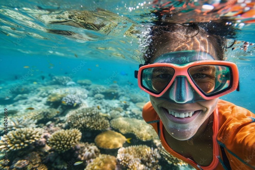Young woman snorkeling in tropical sea is exploring underwater marine life Young woman snorkeling in tropical sea is exploring underwater marine life