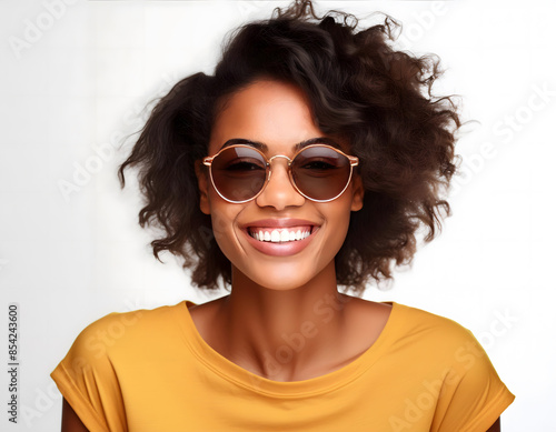 Young attractive african american woman with sunglasses wearing yellow sweater on white background