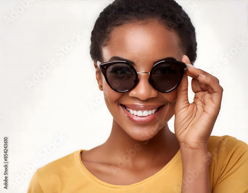 Young attractive african american woman with sunglasses wearing yellow sweater on white background