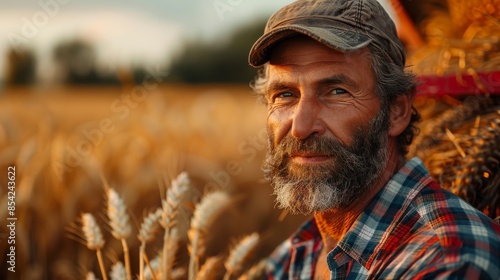 An elder bearded man smiling warmly among golden wheat in sunlight, with a plaid shirt © svastix