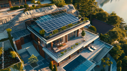 solar panels mounted on the roof of a modern house, top view © Валерія Дємідова
