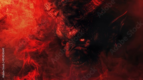Demonic figure in red smoke with intense expression.