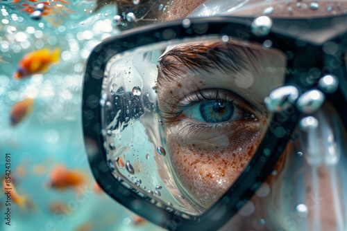 Young man wearing diving mask underwater observing tropical fish © ChaoticMind