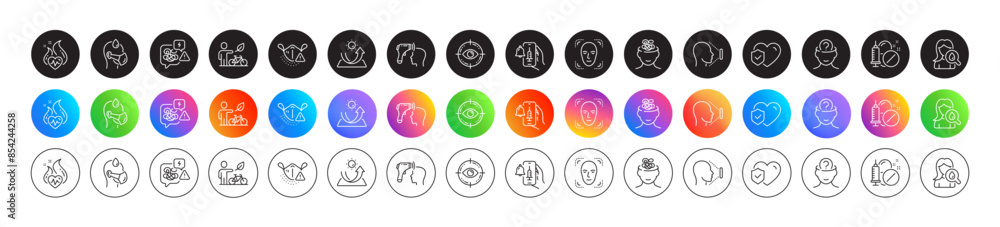 Life insurance, Sick man and Anxiety line icons. Round icon gradient buttons. Pack of Medical mask, Face id, Eye target icon. Vector Life insurance, Sick man and Anxiety line icons. Round icon gradient buttons. Pack of Medical mask, Face id, Eye target icon. Vector