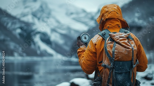 An intrepid traveler clad in a bright yellow jacket braves the snowy elements while navigating with a compass.