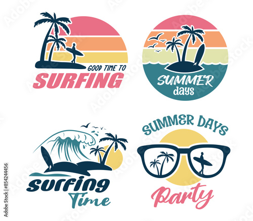 Summer party, surfing vintade vector set photo