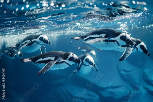 Group of african penguins swimming underwater in clear blue water