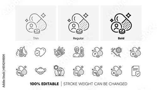Pantothenic acid, Thermometer and Vitamin line icons. Pack of Fever temperature, Molybdenum mineral, Coronavirus protection icon. Coronavirus vaccine, Veins, Medical mask pictogram. Line icons. Vector