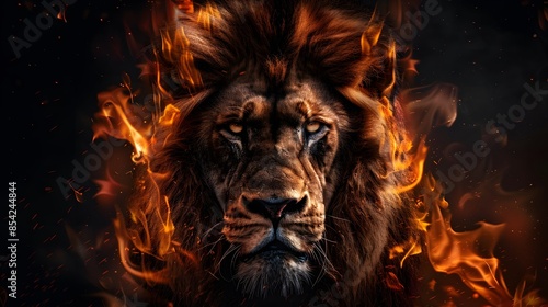 Portrait of a majestic lion with a fierce expression, surrounded by flames on a black background, depicting a wildlife danger concept
