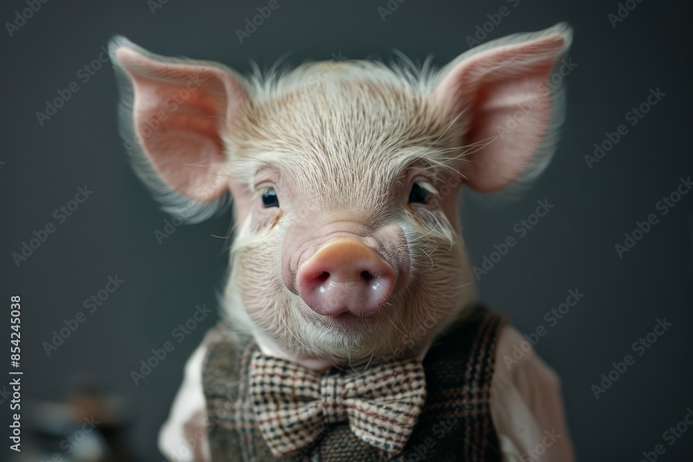 Fototapeta premium Adorable piglet wearing formal attire posing for portrait