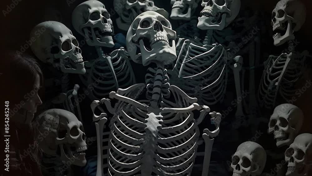 Skeleton Journey Through the Dark 4K Loop features an A.I. generated video of an abstract journey with shifting skeletons and deathly looking bodies in a loop.
