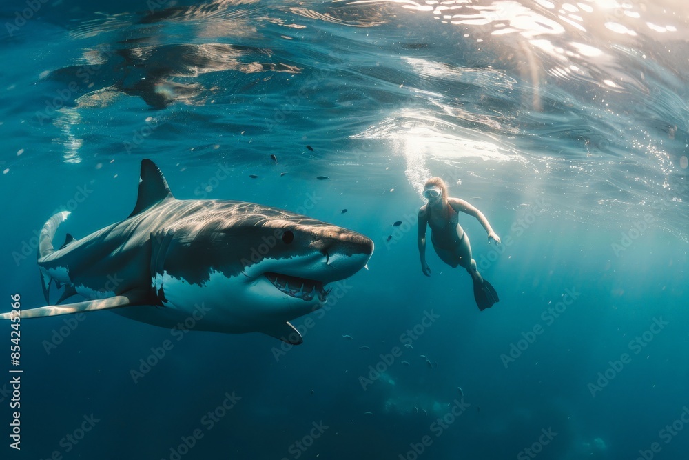 Obraz premium Great white shark swimming near free diving woman in ocean