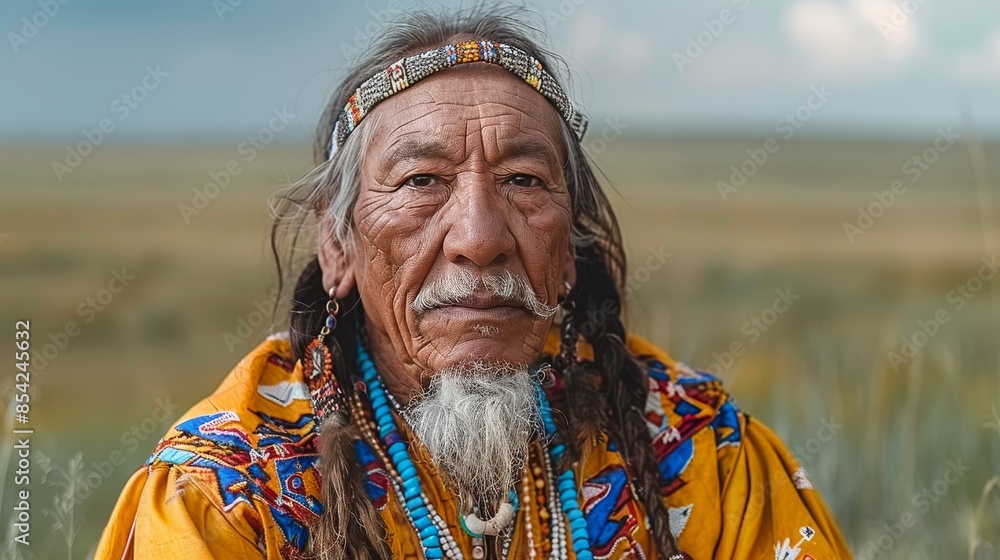 Close-up of native elder man's face with traditional beaded clothing and hair decor Close-up of native elder man's face with traditional beaded clothing and hair decor