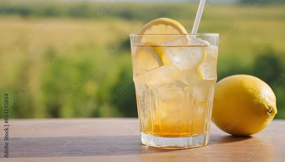 Ice honey lemon soda in glass on a table, blurred land background. Ice honey lemon soda in glass on a table, blurred land background.