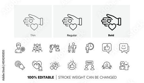 Volunteer, Smile face and Support line icons. Pack of Love gift, Fake information, Waiting icon. Clean shirt, Genders, Like hand pictogram. Business targeting, Vaccination announcement, Like. Vector