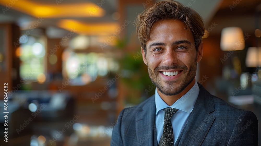 Obraz premium A well-groomed man with a charming smile is wearing a business suit inside a contemporary corporate office environment