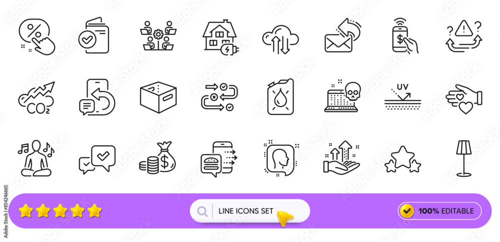 Attention, Canister and Phone payment line icons for web app. Pack of Home charging, Teamwork, Floor lamp pictogram icons. Phone message, Cloud sync, Head signs. Co2, Volunteer, Office box. Vector Attention, Canister and Phone payment line icons for web app. Pack of Home charging, Teamwork, Floor lamp pictogram icons. Phone message, Cloud sync, Head signs. Co2, Volunteer, Office box. Vector