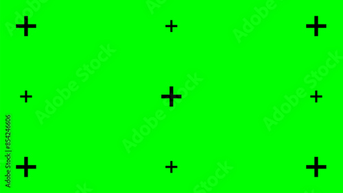Green screen background with black tracking cross shaped marks. Chromakey technique. Video technology to add visual effects or VFX during movie post-production phase. Vector flat illustration.