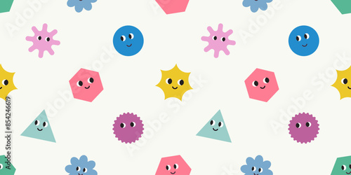 Seamless pattern of basic Geometric Figures with face emotions. Set of different shapes square, circle, rectangle, flower, star etc. Funny characters background. Cute vector illustration for kids