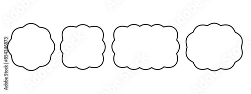 Set of circle, square, oval and rectangle frames with wavy edges. Geometric shapes with scallop borders. Blank text boxes, tags or labels isolated on white background. Vector outline illustration.