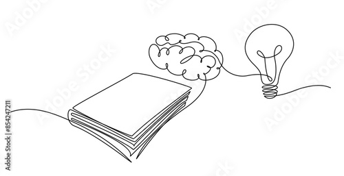 Textbook with light bulb and brain continuous one line icon drawing. Book with lamp and brain symbol single line vector illustration in doodle style. Education contour linear sign design